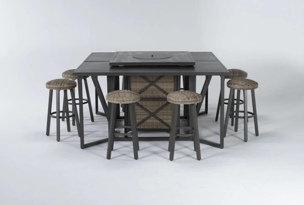 Capri 72" Outdoor Firepit Bar Table With Two Bar Tables And Eight Round Barstools - Image 2