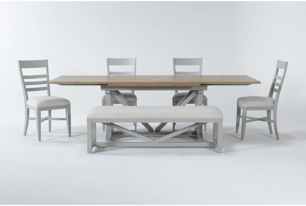 Ozzie 72-100" Extension Dining With Bench + Grey Side Chair Set For 6 - Image 2