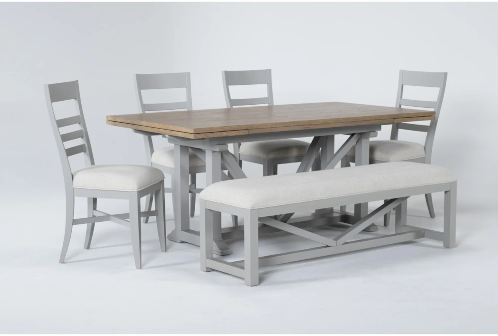 Ozzie 72-100" Extension Dining With Bench + Grey Side Chair Set For 6 - Image 3
