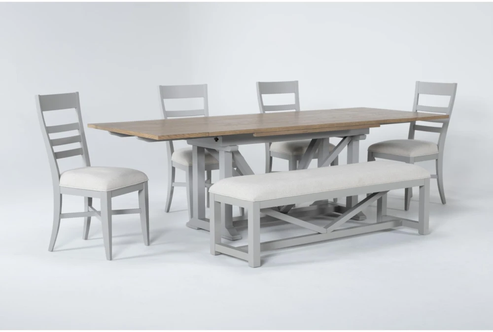 Ozzie 72-100" Extension Dining With Bench + Grey Side Chair Set For 6 - Image 4