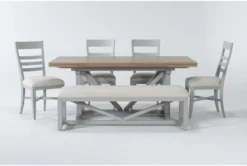 Ozzie 72-100" Extension Dining With Bench + Grey Side Chair Set For 6