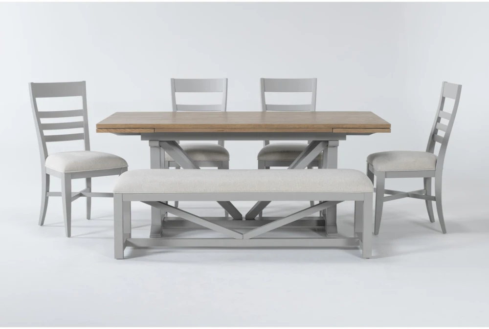 Ozzie 72-100" Extension Dining With Bench + Grey Side Chair Set For 6