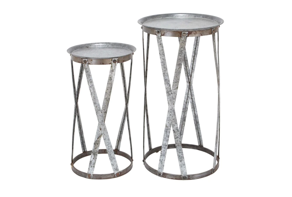 Galvanized Metal Pedestal Accent Table-Set Of 2