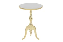 15" Grey Marble Round Accent Table With Gold Aluminum Rim And Stand
