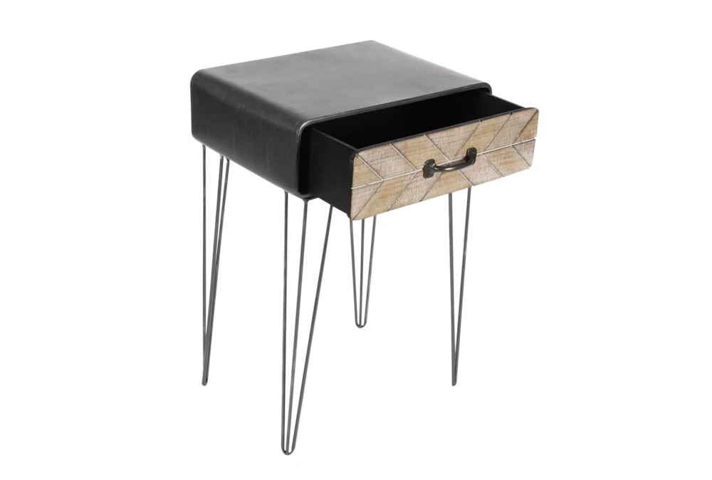 Modern Iron And Wood End Table With Chevron Patterned Drawer - Image 2