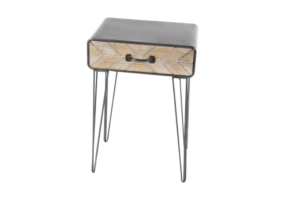 Modern Iron And Wood End Table With Chevron Patterned Drawer - Image 7