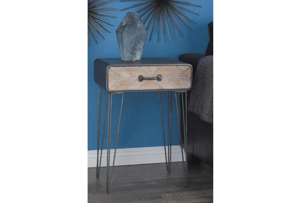 Modern Iron And Wood End Table With Chevron Patterned Drawer - Image 5
