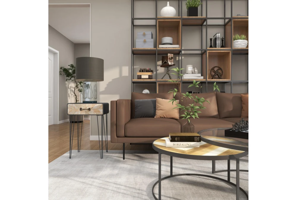 Modern Iron And Wood End Table With Chevron Patterned Drawer - Image 8