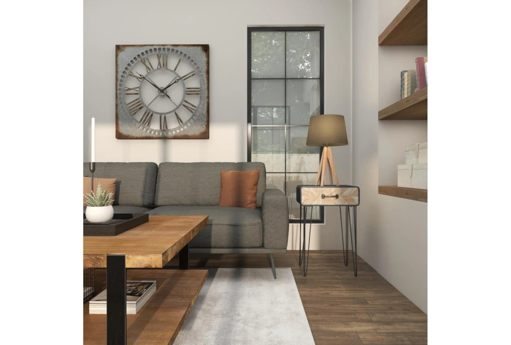 Modern Iron And Wood End Table With Chevron Patterned Drawer - Image 9