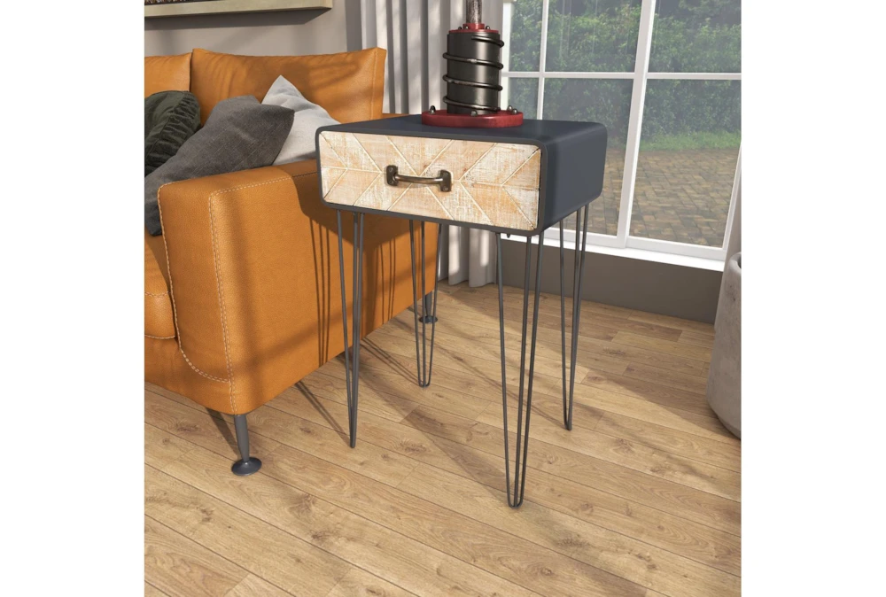 Modern Iron And Wood End Table With Chevron Patterned Drawer - Image 10