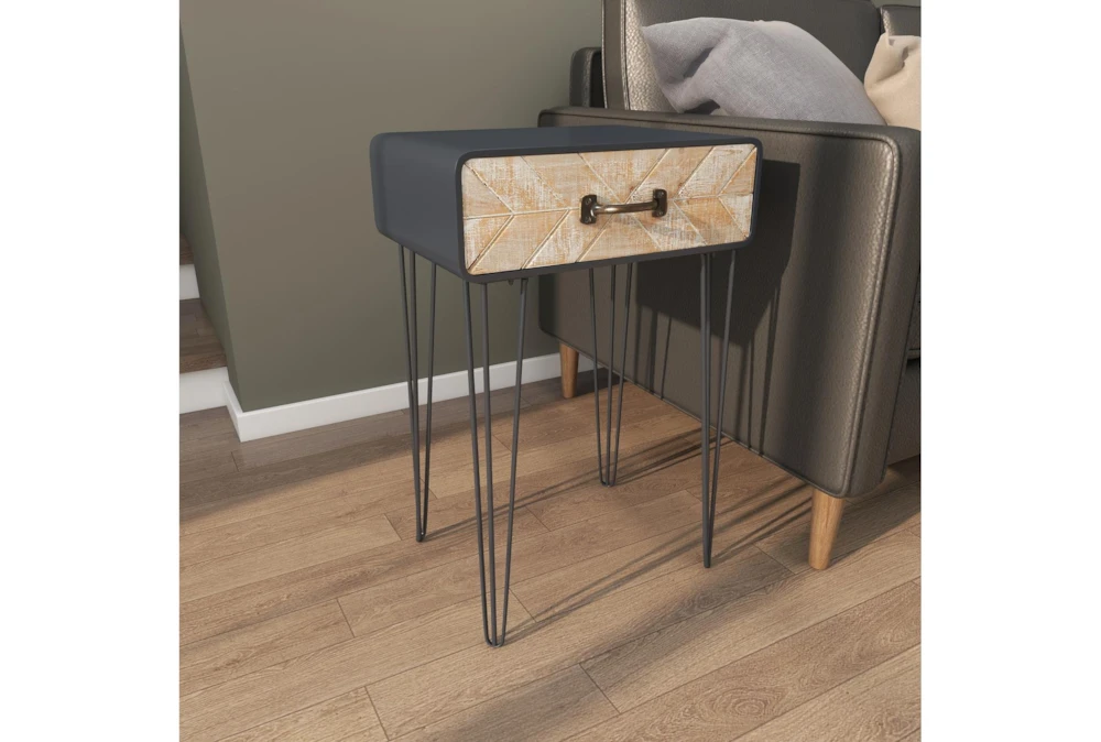 Modern Iron And Wood End Table With Chevron Patterned Drawer - Image 11