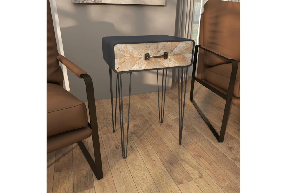 Modern Iron And Wood End Table With Chevron Patterned Drawer - Image 13