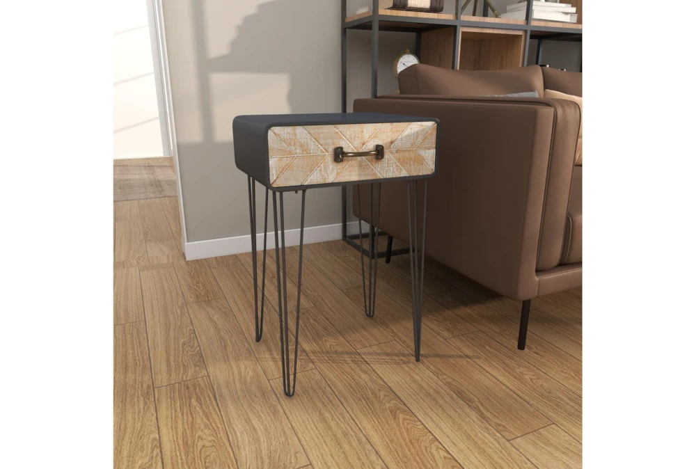 Modern Iron And Wood End Table With Chevron Patterned Drawer - Image 14