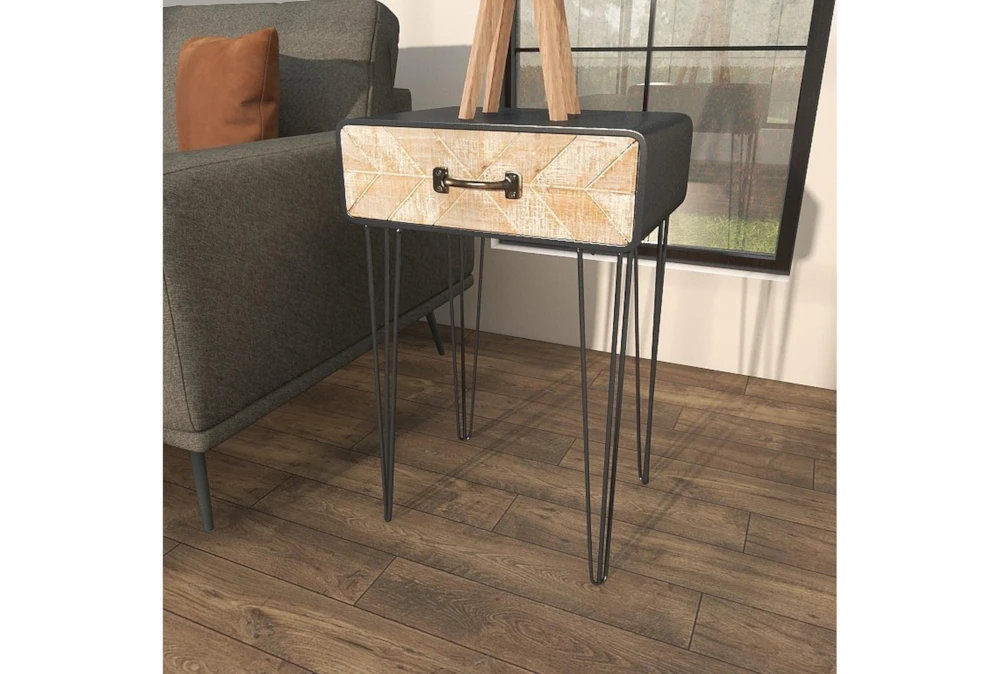 Modern Iron And Wood End Table With Chevron Patterned Drawer - Image 15