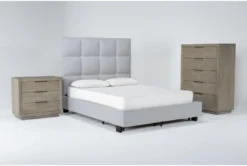 Boswell Queen Upholstered Storage 3 Piece Bedroom Set With Pierce Natural Chest Of Drawers + 3-Drawer Nightstand