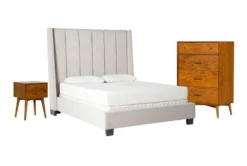 Topanga Grey California King Velvet Upholstered 3 Piece Bedroom Set With Alton Cherry Chest Of Drawers + Night Table