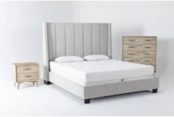 Topanga Grey Queen Velvet Upholstered 3 Piece Bedroom Set With Allen Chest Of Drawers + Nightstand