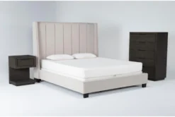 Topanga Grey Queen Velvet Upholstered 3 Piece Bedroom Set With Pierce Espresso Chest Of Drawers + 1-Drawer Nightstand