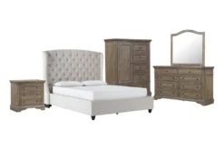 Mariah California King Velvet Upholstered 5 Piece Bedroom Set With Chapman Dresser, Mirror, Wardrobe + 3-Drawer Nightstand