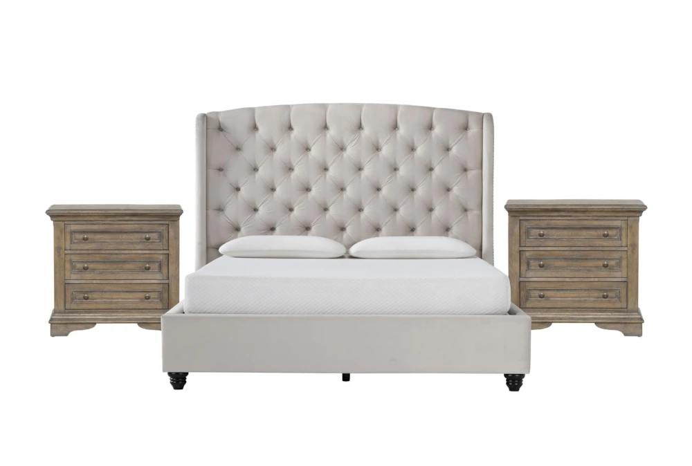 Mariah King Velvet Upholstered 3 Piece Bedroom Set With 2 Chapman 3-Drawer Nightstands