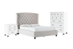 Mariah King Velvet Upholstered 3 Piece Bedroom Set With Wade Chest Of Drawers + Nightstand