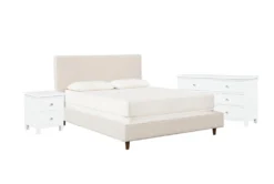Dean Sand Queen Upholstered 3 Piece Bedroom Set With Larkin White Dresser + Nightstand