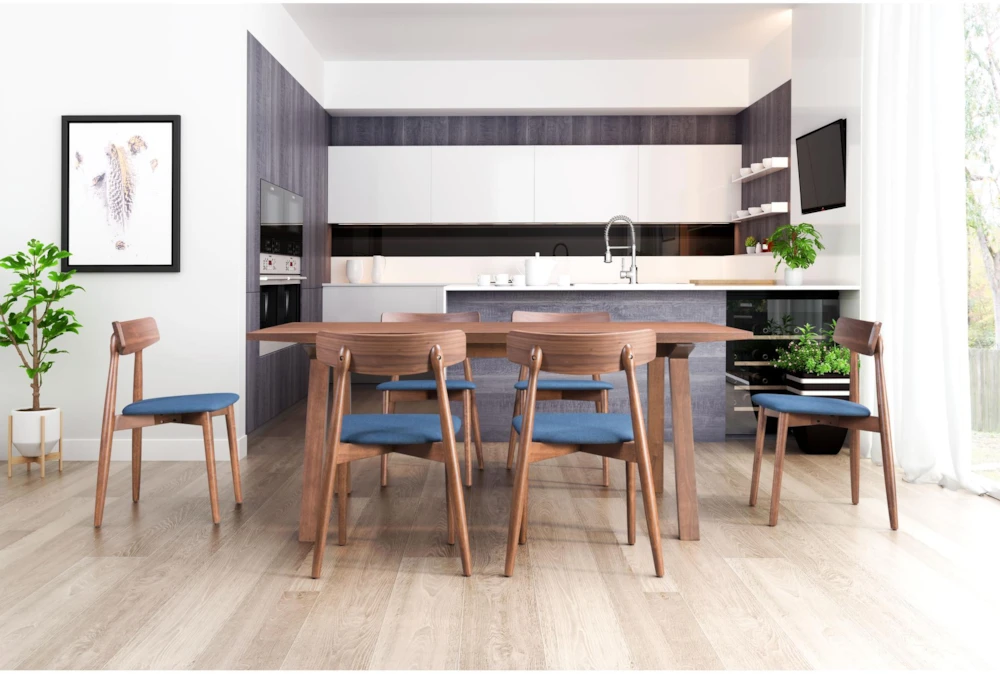 Mid-Century Walnut & Blue Dining Chair Set Of 2 - Image 9