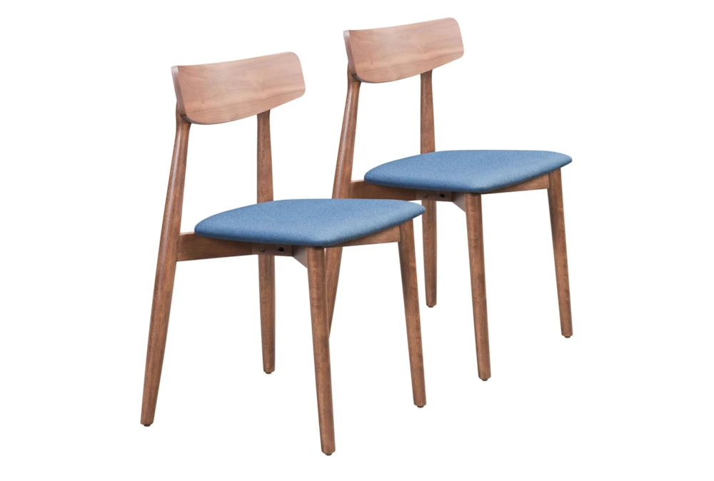 Mid-Century Walnut & Blue Dining Chair Set Of 2