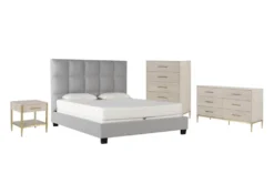 Boswell King Upholstered Panel 4 Piece Bedroom Set With Camila Dresser, Chest Of Drawers + Nightstand