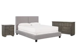 Rylee Queen Upholstered Panel 3 Piece Bedroom Set With Marco Charcoal Dresser + Nightstand