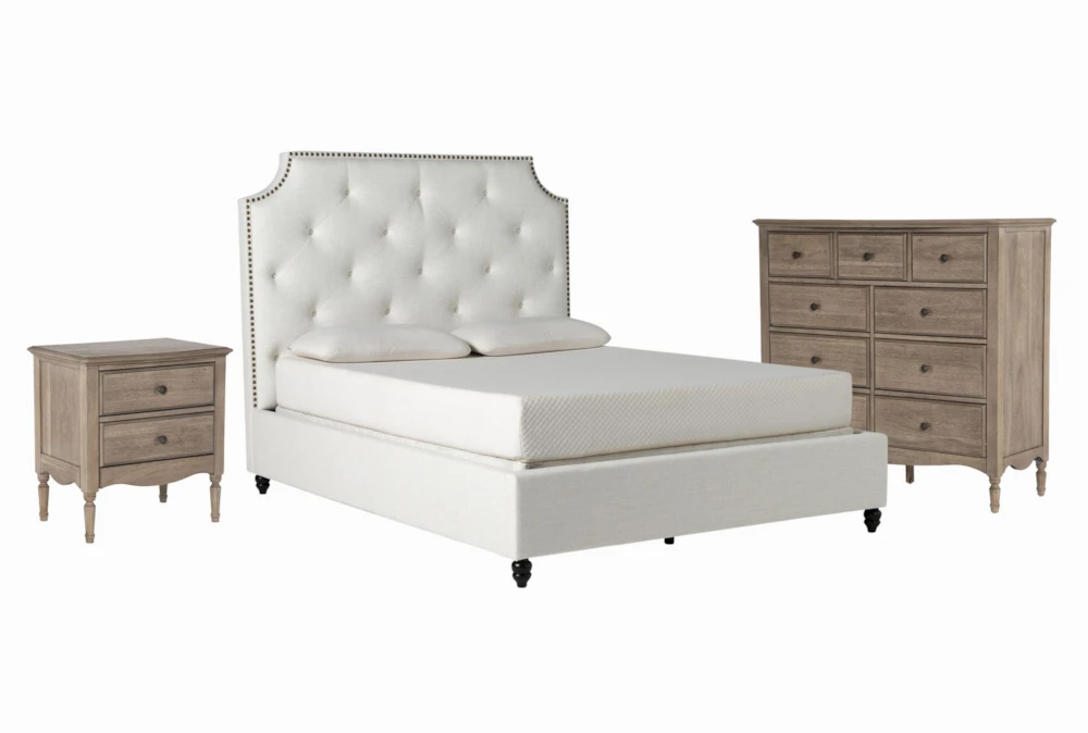 Sophia II Queen Upholstered Storage 3 Piece Bedroom Set With Deliah Chest Of Drawers + 3-Drawer Nightstand