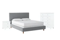 Dean Charcoal Full Upholstered Panel 3 Piece Bedroom Set With Larkin White Chest Of Drawers + Nightstand