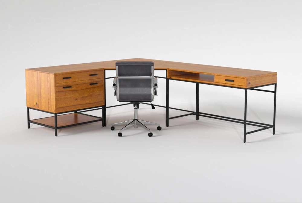 Hollis 3Pc Corner Desk + Moby Grey Low Back Rolling Office Chair