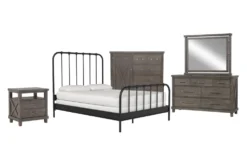Knox King Metal 5 Piece Bedroom Set With Jaxon Grey Dresser, Mirror, Wardrobe + Open Nightstand