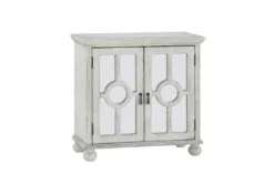 28" Antique White Wood Accent Chest With Glass + Wood Doors