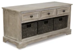 42" White Wash Engineered Wood Storage Bench With Three Woven Baskets