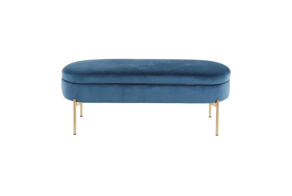 48" Blue Velvet + Gold Metal Legs Storage Bench - Image 11