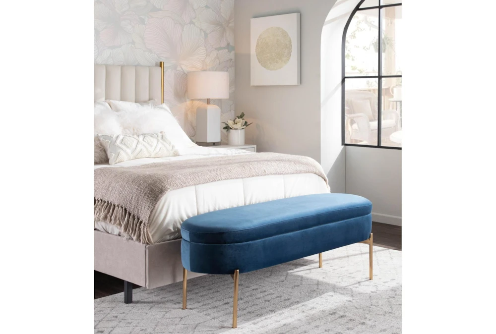 48" Blue Velvet + Gold Metal Legs Storage Bench - Image 8