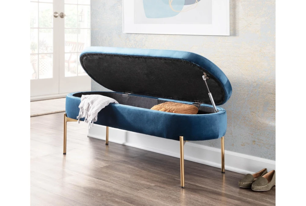 48" Blue Velvet + Gold Metal Legs Storage Bench - Image 9