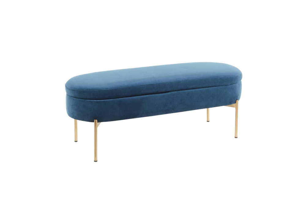48" Blue Velvet + Gold Metal Legs Storage Bench