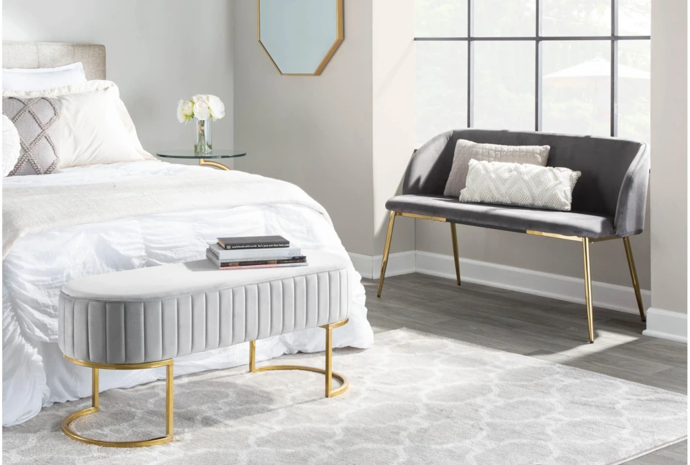 46" Grey Velvet Bench With Gold Metal Legs - Image 9