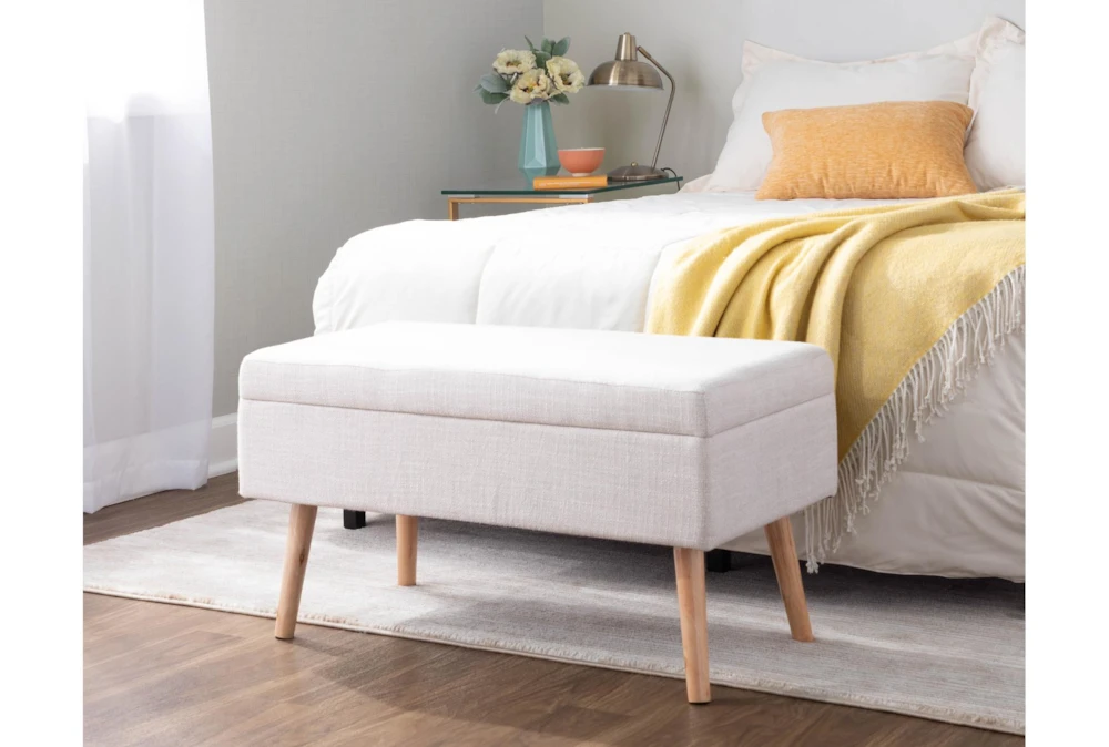 31" Beige Storage Bench With Natural Wood Legs - Image 10