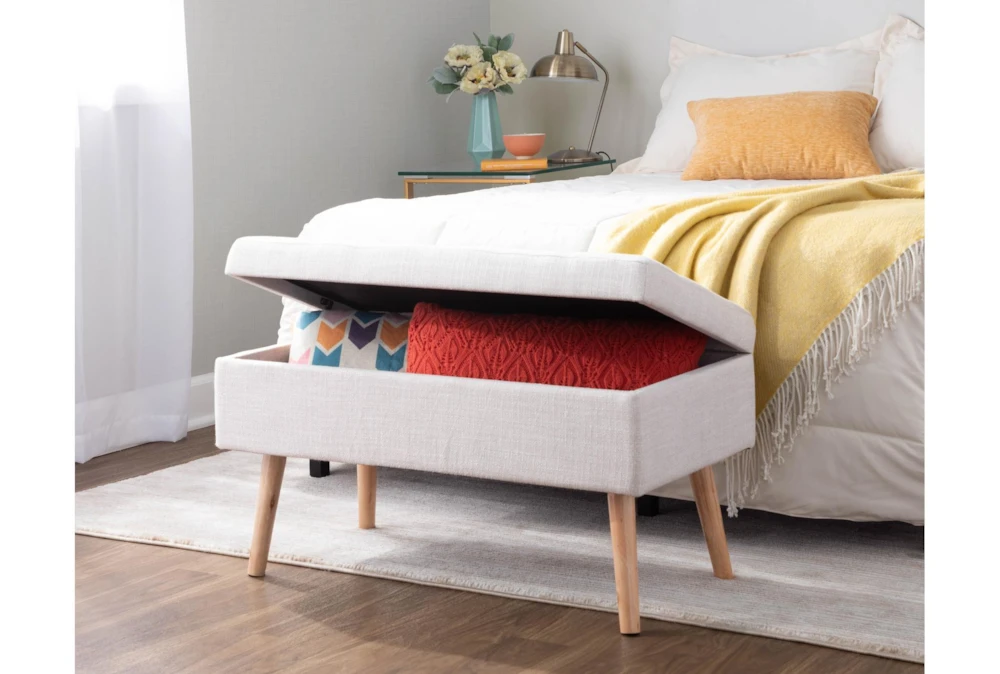31" Beige Storage Bench With Natural Wood Legs - Image 11