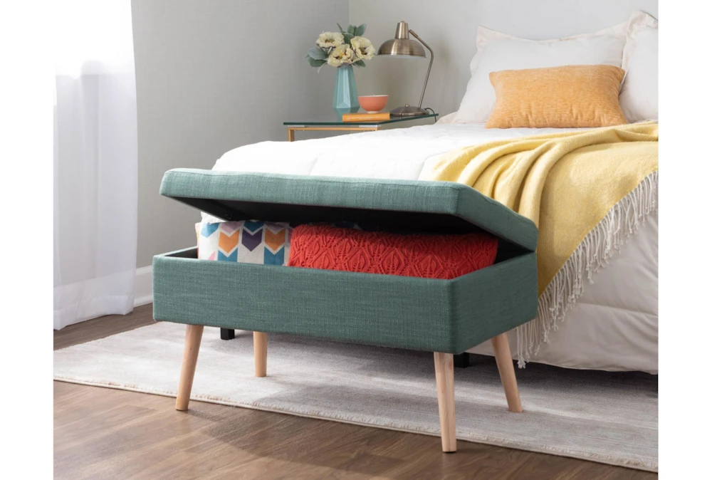 31" Green Storage Bench With Natural Wood Legs - Image 11